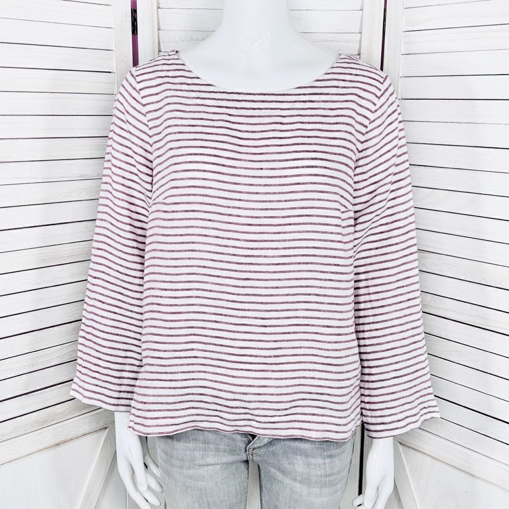 Sigrid Olsen Striped Linen Popover Shirt White Red Small
